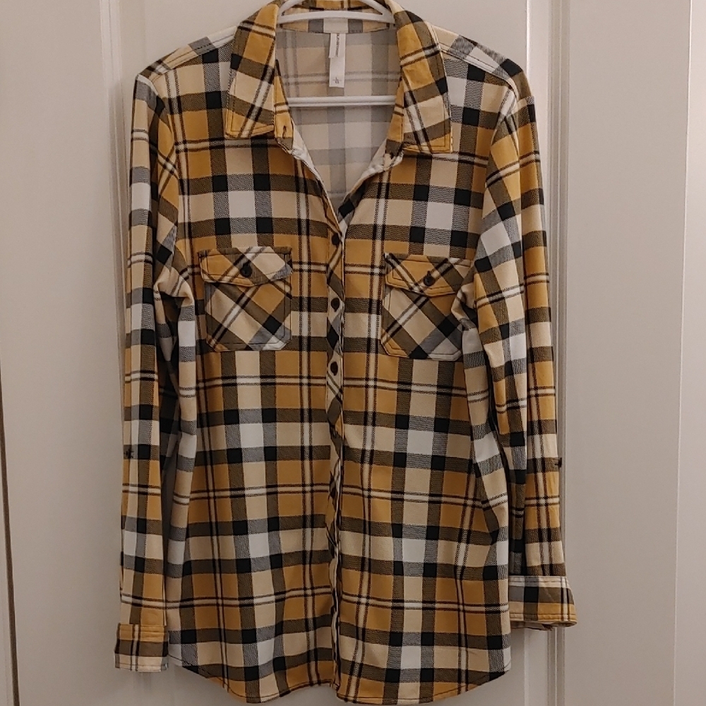 Warehouse One Sz L Yellow Plaid Button-Up Shirt w Adjustable Sleeve